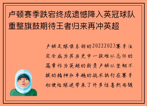 卢顿赛季跌宕终成遗憾降入英冠球队重整旗鼓期待王者归来再冲英超