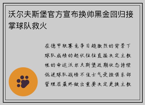 沃尔夫斯堡官方宣布换帅黑金回归接掌球队救火 沃尔夫斯堡官方宣布换帅黑金回归接掌球队救火